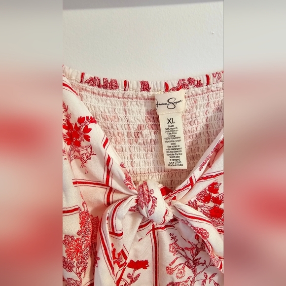 Jessica Simpson Floral Red White Dress Linen Blend Mini Short Sleeve Size XL - Picture 6 of 6